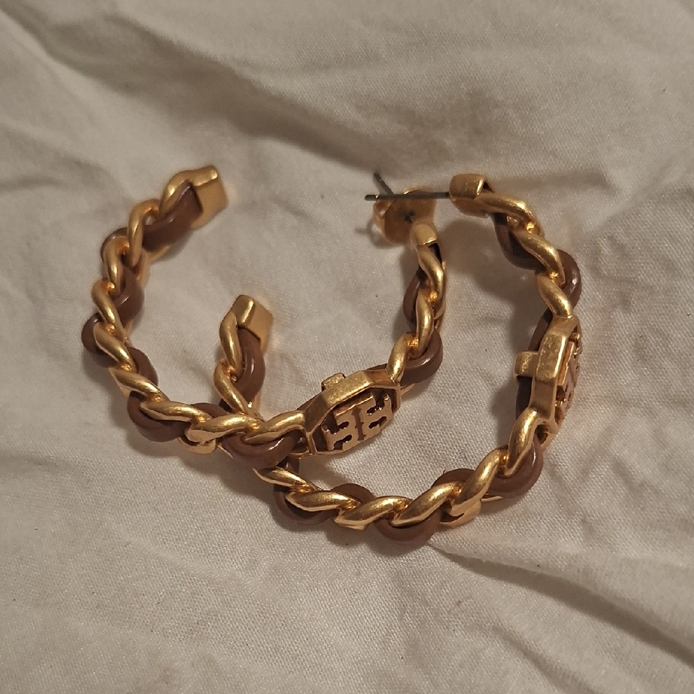 Tory BurchGold and Brown Chain Hoop Earrings